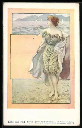 Künstler-AK Philipp + Kramer Nr. XI /10: Ebbe und Flut, Junge Frau im Badeanzug schaut aufs Meer