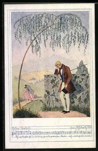 Künstler-AK Mela Köhler: Abgewiesener Verehrer bei einer Trauerweide und ein Liebespaar, Deutscher Schulverein