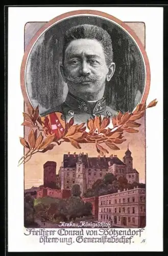 AK Deutscher Schulverein NR: 682a, Portrait Freiherr Conrad v. Hötzendorf, österr.-ung. Generalstabschef, Krakau, Schloss