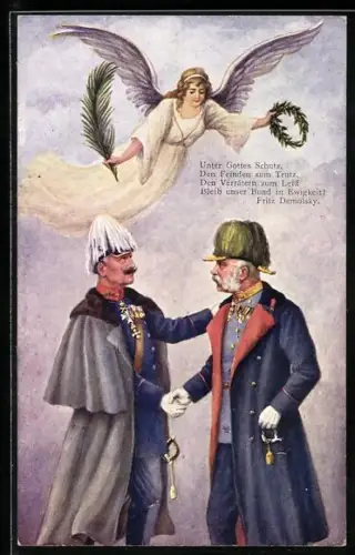 Künstler-AK Kaiser Franz Josef I. von Österreich und Kaiser Wilhelm II. geben sich die Hand