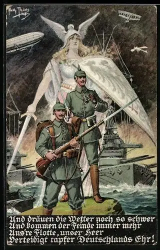 Künstler-AK Arthur Thiele: Soldaten in Uniform vor Germania mit Flügelhelm und Schwert, Zeppelin in der Luft