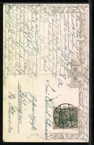 Künstler-AK Arthur Thiele: Soldaten in Uniform vor Germania mit Flügelhelm und Schwert, Zeppelin in der Luft