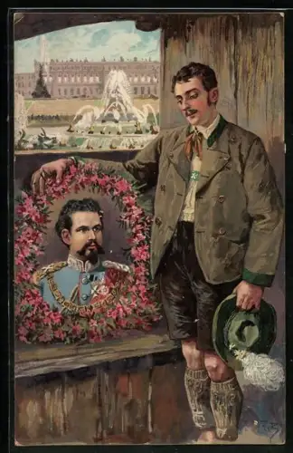 Künstler-AK Fritz Bergen: Mann in Tracht mit Portrait von König Ludwig II., Im Hintergrund Brunnen durch Fenster