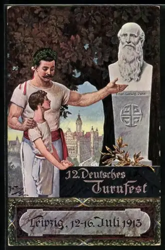 Künstler-AK Arthur Thiele: Leipzig, 12. Deutsches Turnfest 1913, Sein Vorbild, Knabe am Denkmal von Jahn