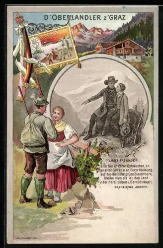 Künstler-AK Graz, Jäger auf einem Felsen sitzend, Paar in Trachten