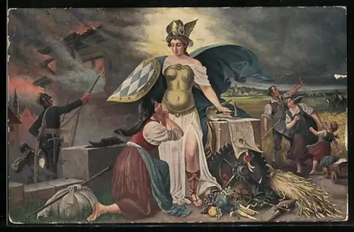 AK Der Segen der öffentlichen Versicherung, Feuerwehrleute löschen einen Hausbrand, Frau bei der Versicherung