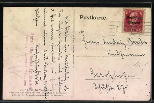 AK Der Segen der öffentlichen Versicherung, Feuerwehrleute löschen einen Hausbrand, Frau bei der Versicherung