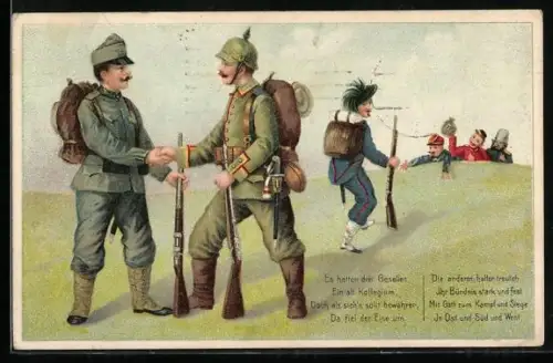 AK Dreierbund, Deutscher und Österreichischer Soldat geben sich die Hand, Italiener geht zu den Feinden über