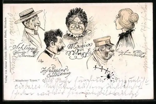 Lithographie München, Münchener Typen, Ältere Dame mit Zwicker, Herr mit Zigarette, Junge Frau mit Brille