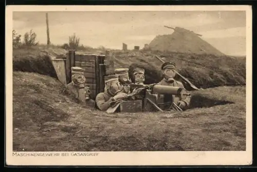 AK Soldaten mit Gasmasken in einer Schützengraben-MG-Stellung