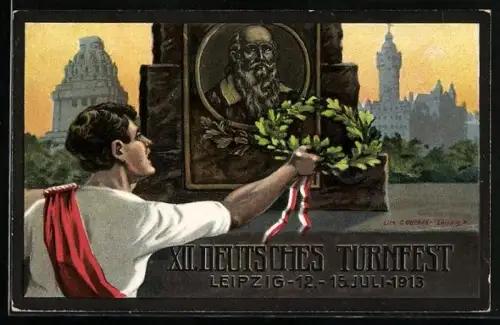 Lithographie Leipzig, XII. Deutsches Turnfest 1913, Turner mit Kranz aus Eichenlaub