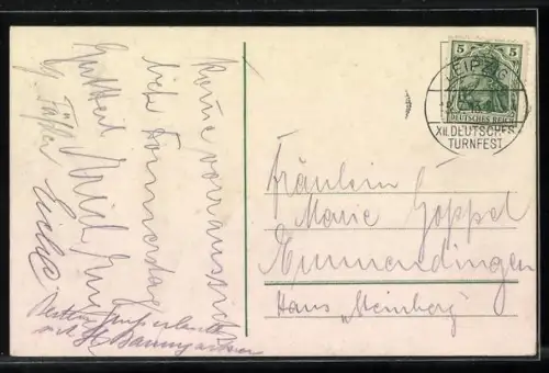 Lithographie Leipzig, XII. Deutsches Turnfest 1913, Turner mit Kranz aus Eichenlaub