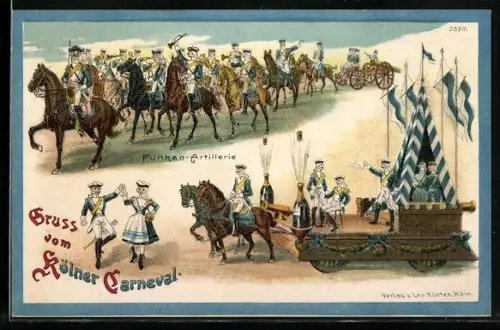 Lithographie Köln, Funken-Artillerie auf dem Marsch, Kölner Karneval