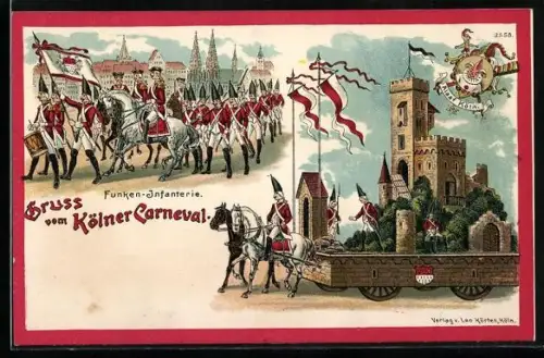 Lithographie Köln, Kölner Carneval, Funken-Infanterie, Festwagen, Fasching