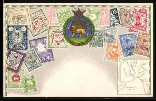 AK Iran, Briefmarken verschiedener Werte, Landkarte des mittleren Ostens, Löwe auf goldener Sonne