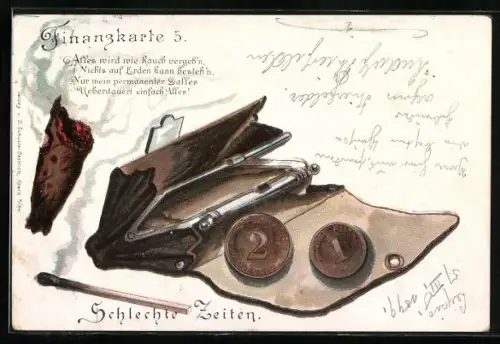 Lithographie Finanzkarte Nr. 5, Kleingeld im leerer Geldbörse für schlechte Zeiten, abgebranntes Streichholz