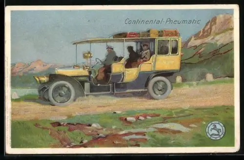 Künstler-AK Continental-Pneumatic, Automobil auf einer Strasse in den Bergen, Reklame