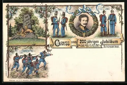 Lithographie Augsburg, 200 jähriges Jubiläum des kgl. bayr. 3. Inft. Regts., Soldaten 1848 und 1898