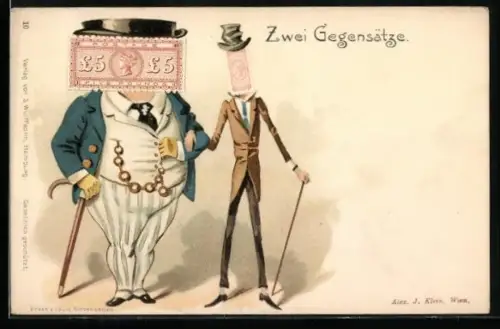 Lithographie Breite und schmale Briefmarke als Köpfe zweier gegensätzlicher Männer