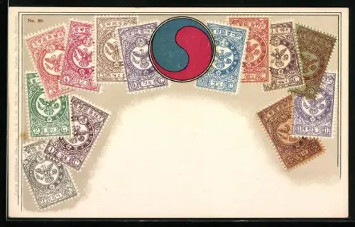 AK Briefmarken und Wappen von Korea
