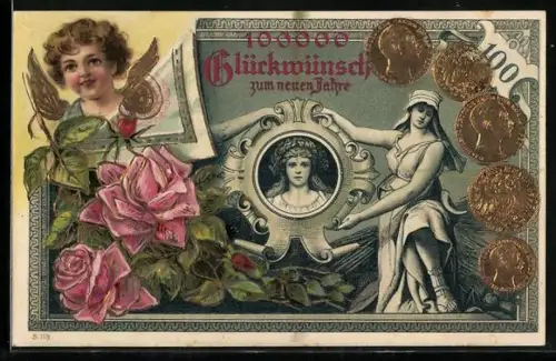 Lithographie Geldmünzen, Putto, Rosen, Porträt, 100000 Glückwünsche