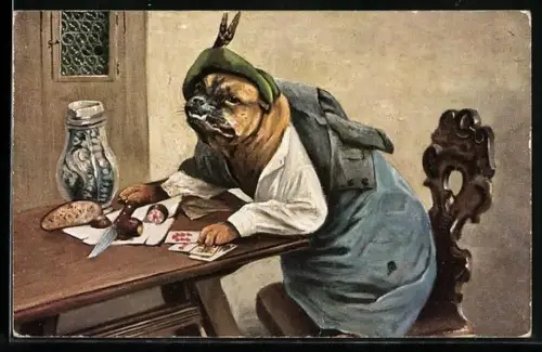 AK Bulldogge sitzt bei einer Brotzeit am Tisch, vermenschlichte Tiere