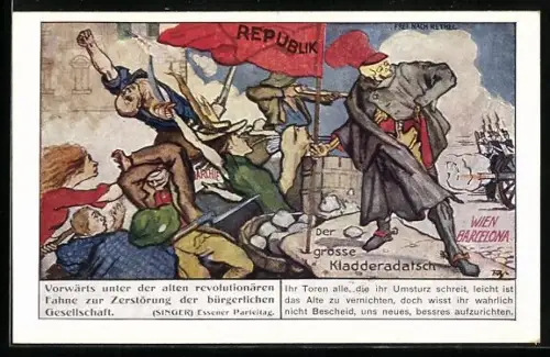 AK Der grosse Kladderadatsch, Strassenkampf zwischen Anarchisten und Soldaten, Karte der Volkspartei Das Zentrum