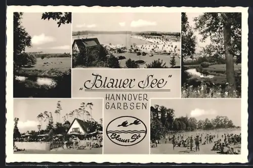 AK Hannover, Garbsen, Gasthaus Blauer See, Strand, Uferpartie