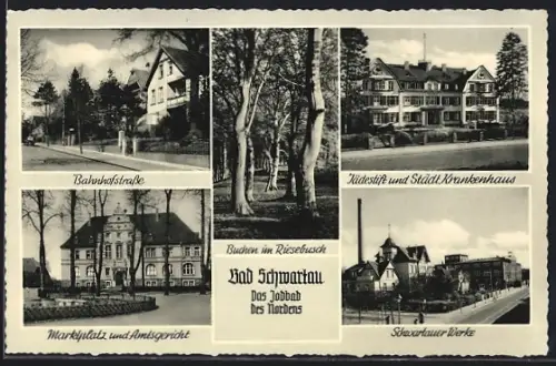 AK Bad Schmiedeberg, Schwartauer Werke, Bahnhofstrasse, Marktplatz und Amtsgericht, Jädestift und Städt. Krankenhaus