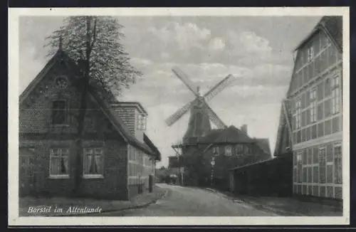 AK Borstel in Altenlande, Windmühle, Fachwerkhäuser, Strassenansicht