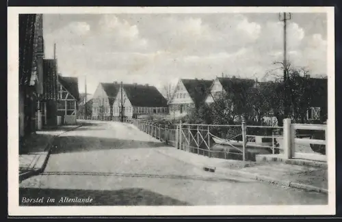 AK Borstel im Altenlande, Strassenansicht mit Brücke und Fachwerkhäusern