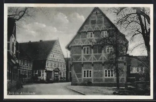 AK Jork im Altenlande, Fachwerkhäuser, Strassenpartie