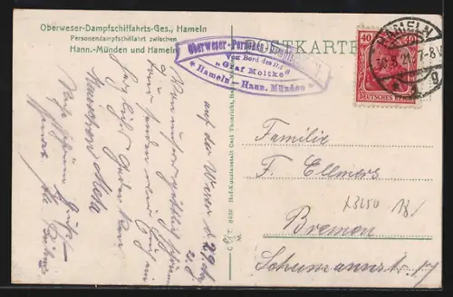 AK Veckerhagen a. d. Weser, Weserpartie mit Dampfschiff