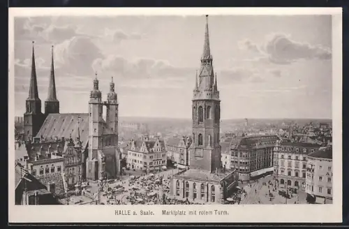 AK Halle a. Saale, Marktplatz mit rotem Turm aus der Vogelschau