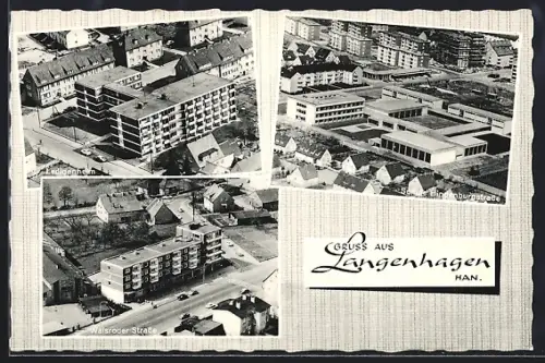 AK Langenhagen /Han., Ledigenheim, Walsroder Strasse, Schule Hindenburgstrasse, Fliegeraufnahmen