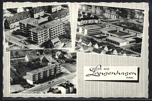 AK Langenhagen /Han., Luftaufnahmen Ledigenheim, Schule Hindenburgstrasse, Walsroder Strasse