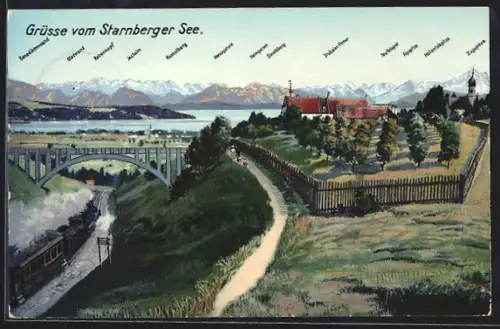 Lithographie Starnberg, Eisenbahnbrücke, Kirche, Alpenpanorama