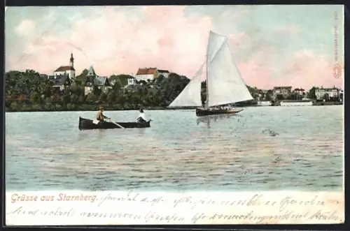 AK Starnberg, Segelboot und Ruderboot auf dem See, Ortsansicht