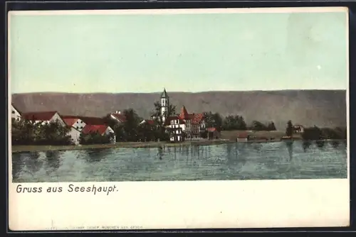 AK Seeshaupt, Ortsansicht mit Kirche und See