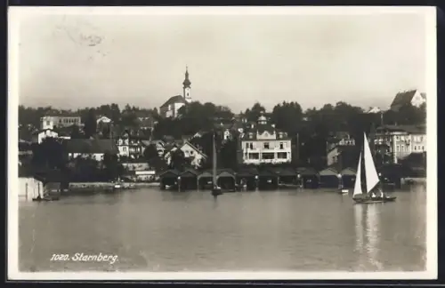 AK Starnberg, Ortspanorama mit Bootshäusern und Kirche