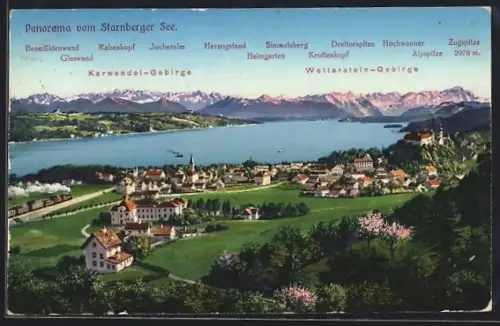 AK Starnberg, Panorama vom Starnberger See, Ortsansicht, Karwendel- u. Wetterstein-Gebirge