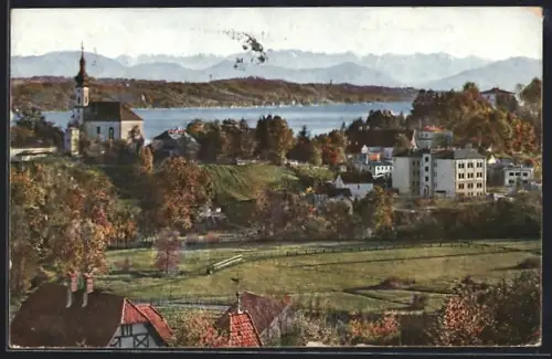 AK Starnberg, Seepanorama mit Kirche und Alpen im Hintergrund