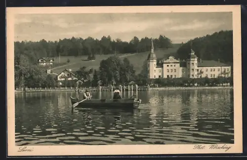 AK Leoni, Panorama mit Turmgebäude, Boot auf dem Starnberger See