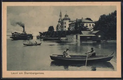 AK Leoni am Starnbergersee, Dampfschiff, Ruderboote, Turmgebäude