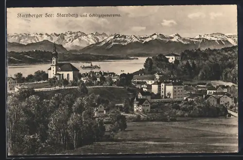 AK Starnberg, Ortsansicht und Starnberger See mit Gebirgspanorama