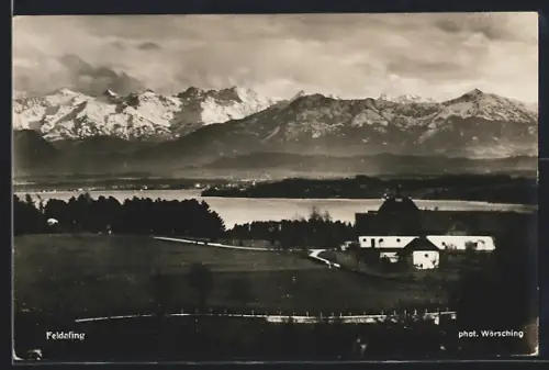 AK Feldafing, Blick auf Alpen und Starnberger See