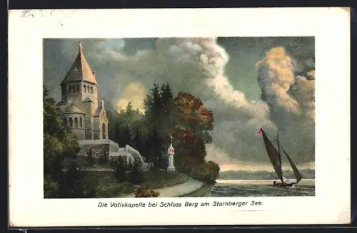 AK Berg am Starnberger See, Votivkapelle bei Schloss Berg, Segelboot