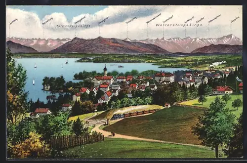 AK Tutzing am Starnberger See, Ortsansicht mit See, Kirche und Alpenpanorama