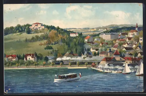 AK Starnberg, Ortsansicht mit Undosabad, abfahrender Dampfer, Segelboote