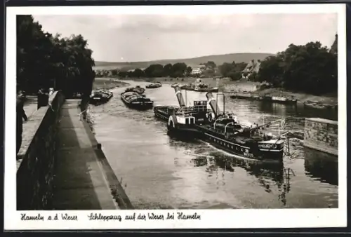 AK Hameln a. d. Weser, Schleppzug auf der Weser bei Hameln